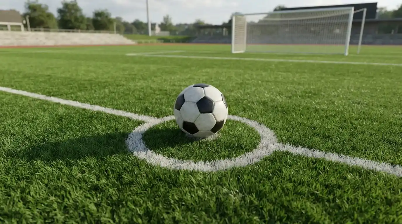 Fußball auf weiß markiertem Elfmeterpunkt eines sattgrünen Spielfelds
