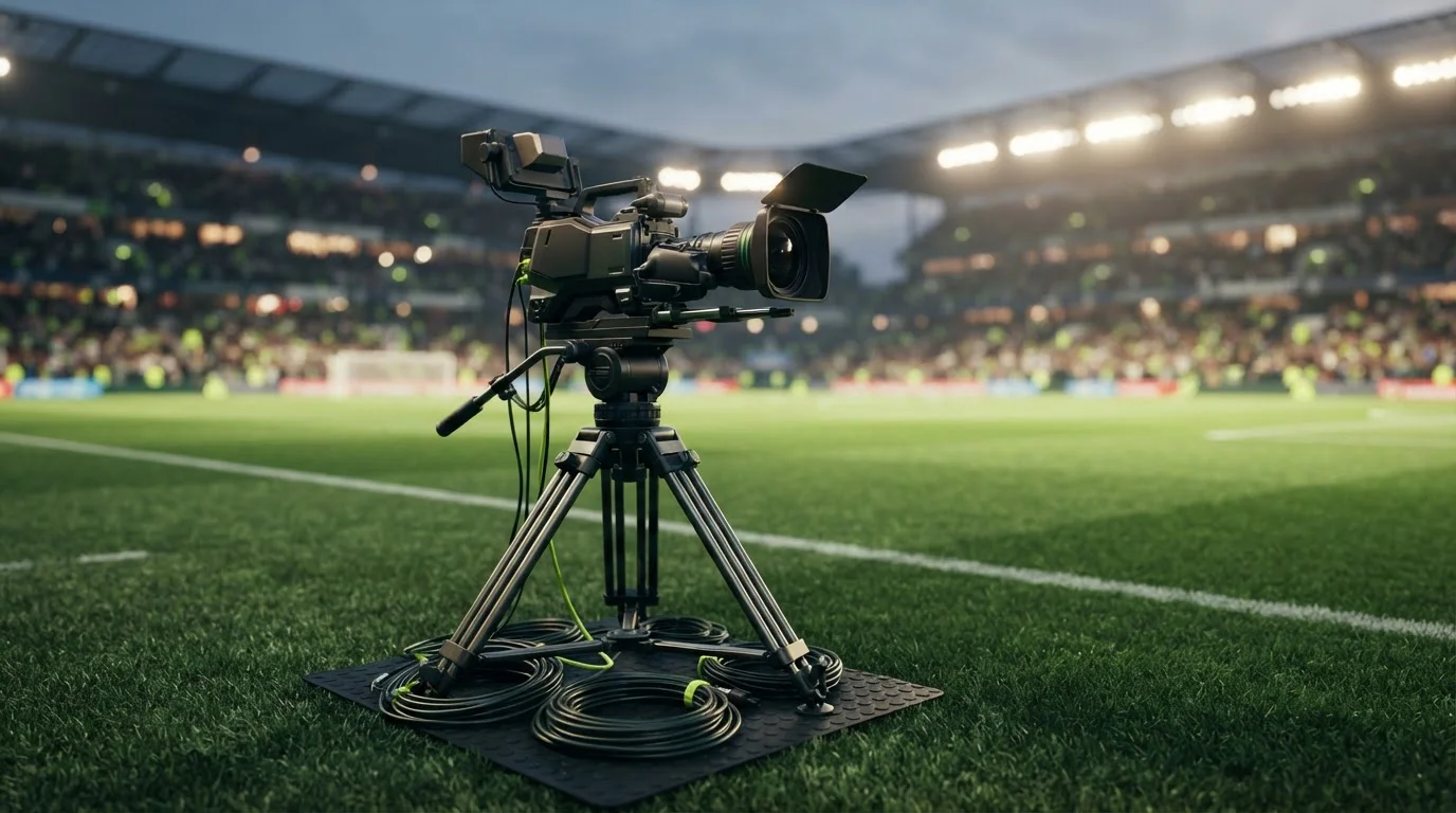 Fernsehkamera auf Stativ neben dem grünen Spielfeld mit beleuchteten Stadionrängen