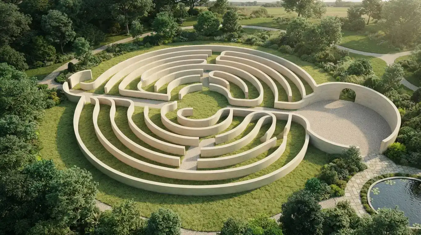 Labyrinth aus hellen Steinwänden mit einem freien Weg zum Ausgang