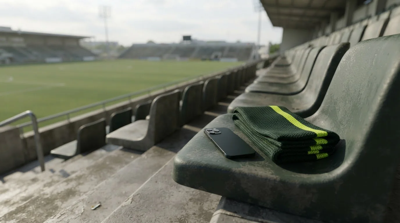 Smartphone liegt auf einer Stadiontribüne neben einem gefalteten Fanschal
